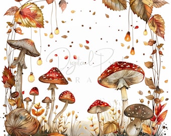 12 Fall Mushroom Clipart, Floral Natur Autumn Clipart, Ideal For Postcards, Clipart Bundle, Printable Watercolor JPG ,Digital download
