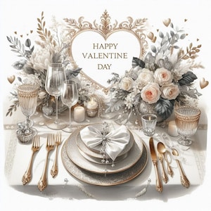 8 imágenes prediseñadas de mesa de San Valentín en formato JPG, para celebrar el día de San Valentín, flores de San Valentín, diarios basura, álbumes de recortes, planificadores, descarga digital para uso comercial.