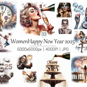 Happy New Year 2025 Clipart - 33 High Quality JPGs, Party Clipart, Digital Download, Commercial License, Card Making, Digital Paper Craft