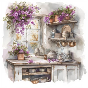 Vintage Purple Flower Kitchen, Floral Clipart, 13 High Quality JPGs, Printable Watercolor clipart,Digital download,Paper craft,junk journals