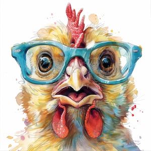 Funny Chicken Glasses  Clipart, Colorful Chicken, 11 JPGs, Printable Watercolor clipart,Digital download,Paper craft,junk journals