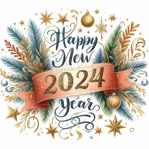 Bonne année 2024 Clipart - 13 fichiers JPG de haute qualité, clipart fête, téléchargement numérique, licence commerciale, fabrication de cartes, créations numériques en papier