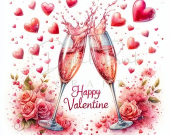 Ensemble de cliparts Champagne Saint-Valentin, 12 cliparts JPG Saint-Valentin, amour de la Saint-Valentin, fête de la Saint-Valentin, clipart Happy Valentine, usage Commercial