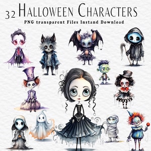 Schattige Halloween-personages clipart, Halloween-kunst voor ongewenste dagboeken en papier ambachten, png-bundel, png-afbeeldingen, sublimatieontwerpen, aquarel