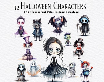 Cute Halloween Characters Clipart, Halloween Art for Junk Journal and Paper Crafts,PNG Bundle, PNG Graphics, Sublimation Designs, Watercolor
