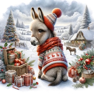 Christmas Animal Clipart, 9 JPGs, Christmas Donkey Clipart, Cow, Horse, Bear, llama, Winter JPG, Digital Download, Commercial License