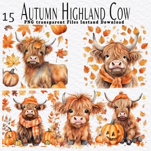 Highland Cow Autumn 15 PNG Bundel | Highland Cow PNG | Highland Cow Commercial Use | Printable Highland Cow Art | Fall Highland Cow