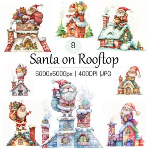 Watercolor Santa on Rooftop Clipart, Festive Christmas Santa Illustration, Cute Santa JPG, Holiday Chimney Scene Digital Sublimation Design