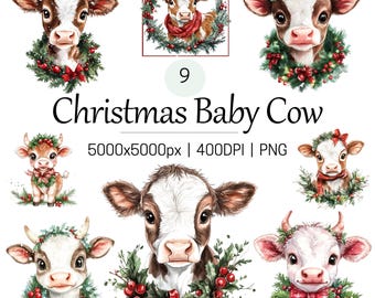 Watercolor Christmas Cow Clipart, Baby Cow with Holiday Wreath, Cute Farm Animal Illustration, Christmas Cow PNG, Festive Sublimation Art
