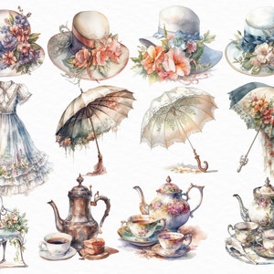 May include: A watercolor illustration of a vintage tea party scene. The illustration features a variety of items, including a dress, hats, umbrellas, teapots, teacups, and a chair. The items are all decorated with floral patterns and are painted in a soft, romantic style.