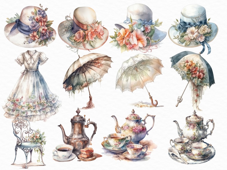 May include: A watercolor illustration of a vintage tea party scene. The illustration features a variety of items, including a dress, hats, umbrellas, teapots, teacups, and a chair. The items are all decorated with floral patterns and are painted in a soft, romantic style.
