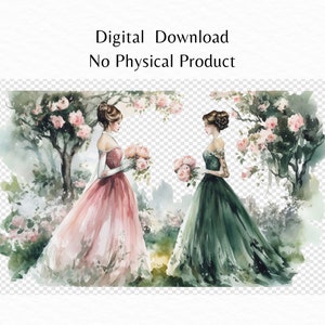 May include: Two women in long dresses stand in a garden setting. One woman wears a pink dress and the other wears a green dress. Both women are holding bouquets of flowers. The background is a watercolor painting of a garden with trees and flowers.