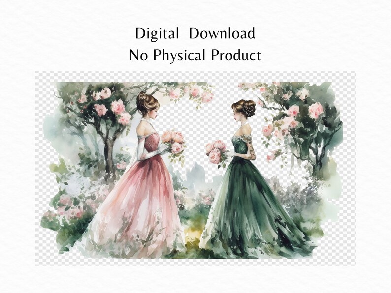 May include: Two women in long dresses stand in a garden setting. One woman wears a pink dress and the other wears a green dress. Both women are holding bouquets of flowers. The background is a watercolor painting of a garden with trees and flowers.