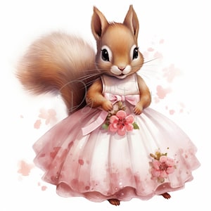Squirrel In Dress Clipart, Little Girl Clipart, 15 High Quality JPGs,Printable Watercolor clipart,Digital download,Paper craft,junk journals