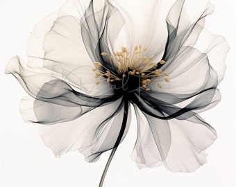 May include: A black and white abstract floral illustration with a gold center. The flower has a delicate, ethereal quality.