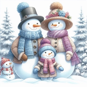 10 Schneemann Familie, Winter Szene Clipart, Weihnachtsbaum, Aquarell JPG, ideal für Postkarten, Junk Journal.Paper Craft, digitale druckbare Kunst