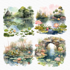 Paquete de 20 imágenes prediseñadas de acuarela de nenúfares, transparentes y JPG, con nenúfares y ranas en primavera. Descarga digital.