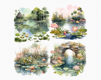 水彩画の睡蓮の池のクリップアート – カエルと睡蓮の葉のPNG（デジタル