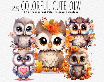 Colorful Cute Owl Clipart PNG Bundle, Watercolor PNG Files for Sublimation Design PNG, Bundle Vibrant Colors, Owl Clipart , Owl  Pack