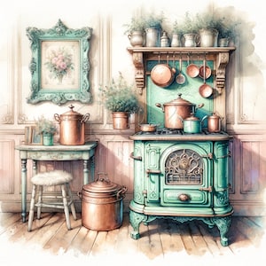 Shabby Chic Kitchen, Old Kitchen Clipart, 11 High Quality JPGs, Printable Watercolor clipart,Digital download,Paper craft,junk journals