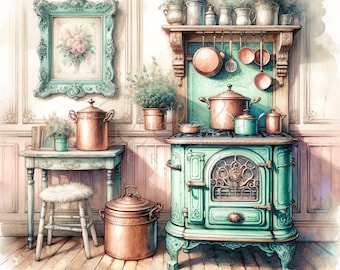 Shabby Chic Kitchen, Old Kitchen Clipart, 11 High Quality JPGs, Printable Watercolor clipart,Digital download,Paper craft,junk journals