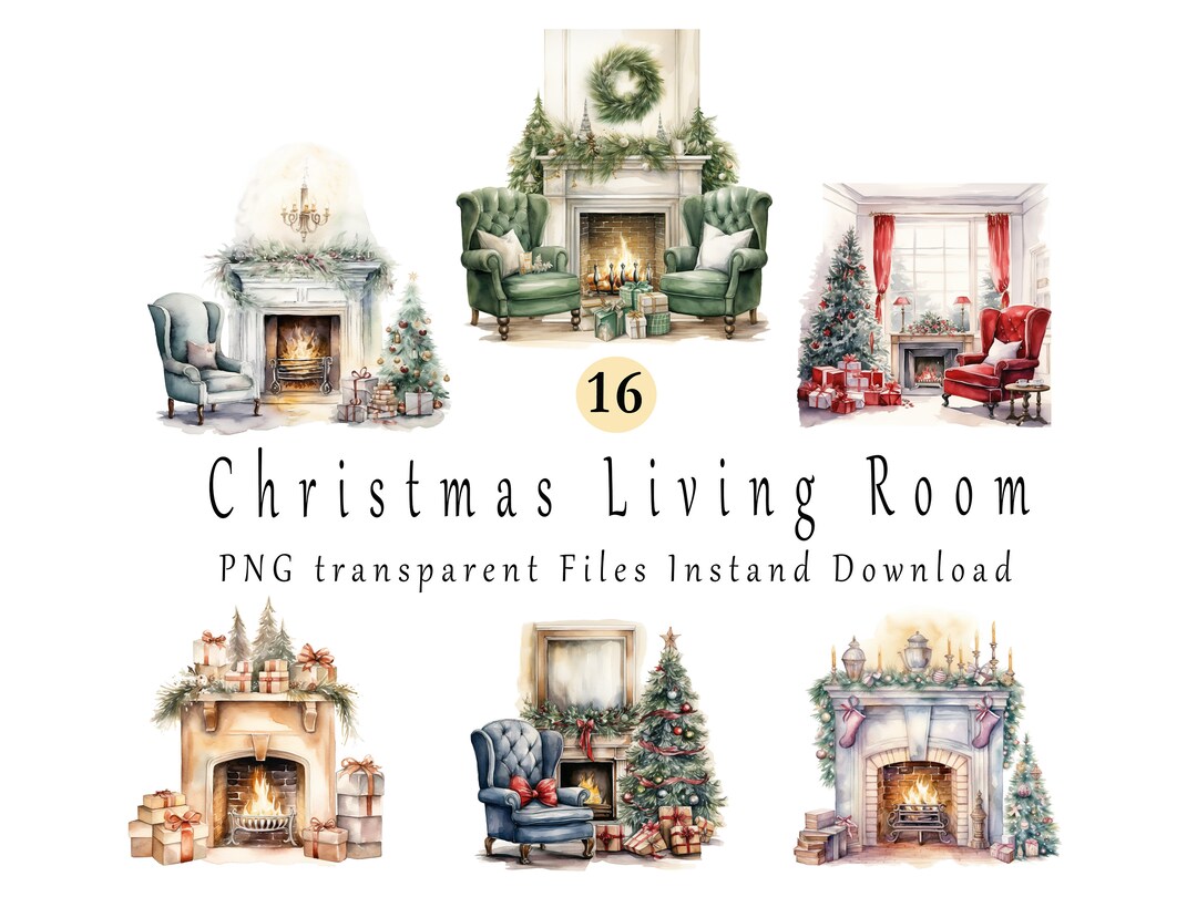 Watercolor Christmas Clipart, Christmas Living Room Clipart, Christmas ...