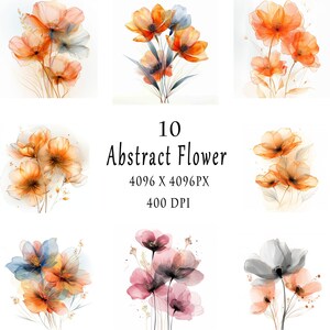 Abstract Elegant Flower Art Clipart, Colorful Bright Floral, 10 JPG, Printable Watercolor clipart,Digital download,Paper craft,junk journals image 2
