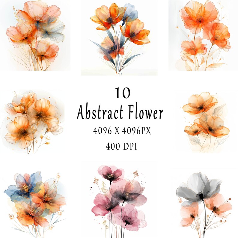 Abstract Elegant Flower Art Clipart, Colorful Bright Floral, 10 JPG, Printable Watercolor clipart,Digital download,Paper craft,junk journals image 2