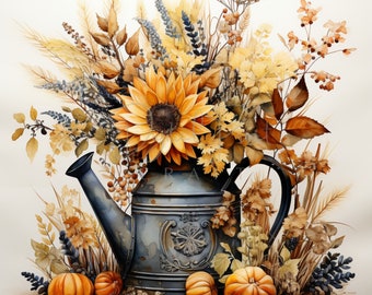 Fall Watering Cans Bouquet Of Flowers, Nature Bucket, 11 JPGs, Printable Watercolor clipart, Digital download, Paper craft, junk journals