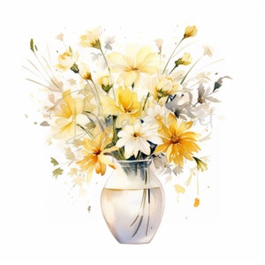 Puede incluir: Un ramo de flores amarillas y blancas en un jarrón de vidrio transparente. Las flores están dispuestas en un estilo suelto y natural, y el jarrón es simple y elegante.
