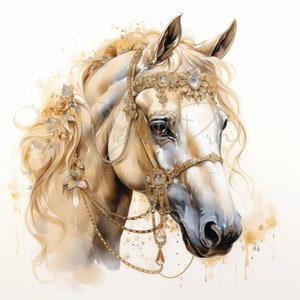 Aquarell Pferd - 13 hochwertige JPGs - Blumen Pferd Clipart, Gold Pferd Clipart, Junk Journaling, kommerzielle Nutzung, digitaler Download