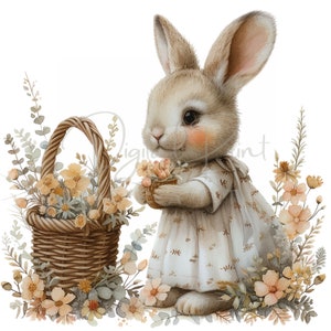 Kaninchen Mit Korb - 11 hochwertige PNGs - Blumen Clipart, Blumen Häschen Clipart, Junk Journaling, kommerzielle Nutzung, digitaler Download