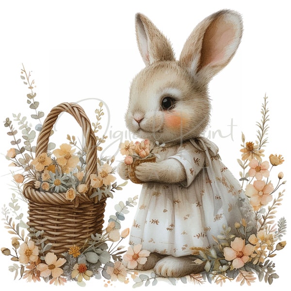 Bunny With Basket - 11 High Quality PNGs - Flower Clipart, Floral Bunny Clipart, Junk Journaling, Commercial Use, Digital Download