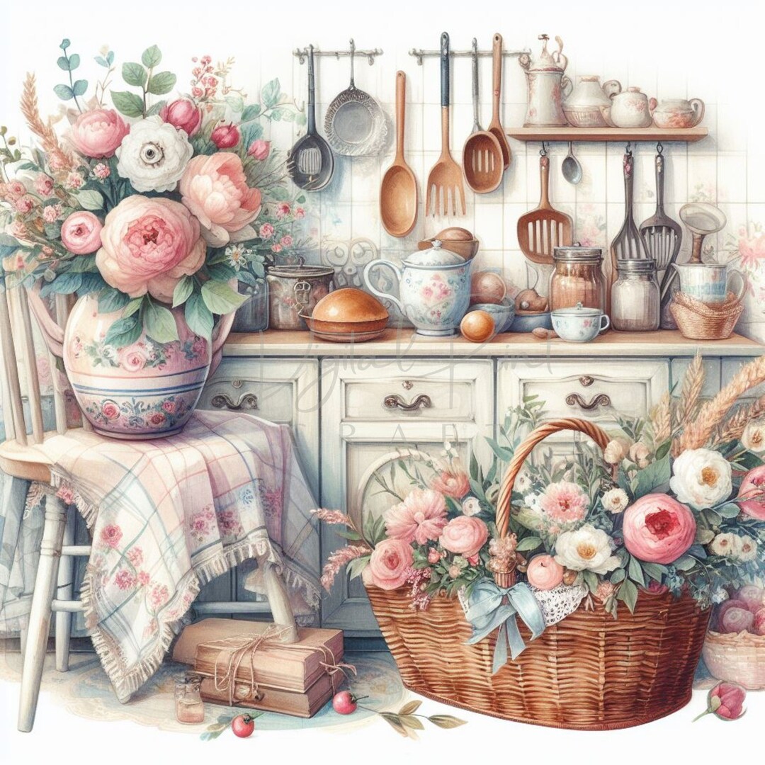 vintage floral kitchen scene clipart set graphic by... Vintage Kitchen Scene, Kitchen Tools Clipart, 9 High Quality Jpgs ...