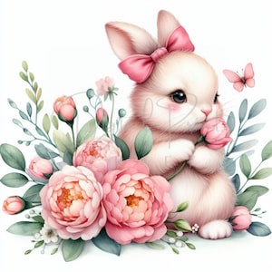 Bunny Rosa Flower Clipart, 15 High Quality JPGs, Fluffy Bunny Clipart, Digital Planner, Junk Journaling, Watercolor Clipart, Commercial Use