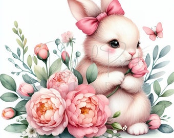 Bunny Rosa Flower Clipart, 15 High Quality JPGs, Fluffy Bunny Clipart, Digital Planner, Junk Journaling, Watercolor Clipart, Commercial Use