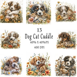 Dog Cat Cuddle Clipart, Flower Puppy Clipart, 13 High Quality JPGs, Printable Watercolor clipart,Digital download,Paper craft,junk journals
