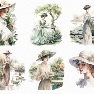 May include: Six watercolor illustrations of women wearing hats and dresses in various outdoor settings. The women are depicted in a vintage style, with delicate features and flowing garments. The illustrations are set against backgrounds of lush greenery, water lilies, and trees.