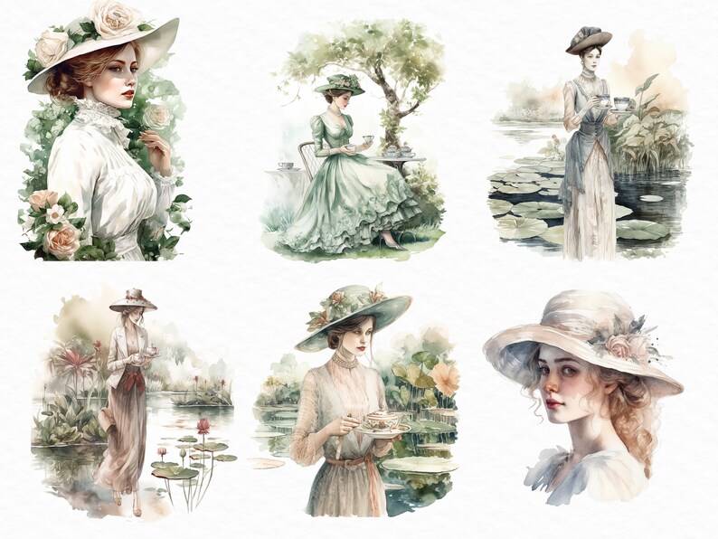 May include: Six watercolor illustrations of women wearing hats and dresses in various outdoor settings. The women are depicted in a vintage style, with delicate features and flowing garments. The illustrations are set against backgrounds of lush greenery, water lilies, and trees.