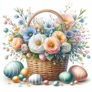 Spring Flower Basket - 8 High Quality JPGs - Spring Flowers - Floral Basket - Digital Download,Commercial Use - Watercolor Painting