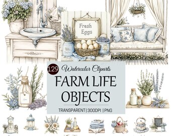 Watercolor Farm Life Clipart Bundle, Farmhouse Clip Art,Farm Simple Living,129 PNG Files,Digital Download,Junk Journal,Paper Craft, Stickers