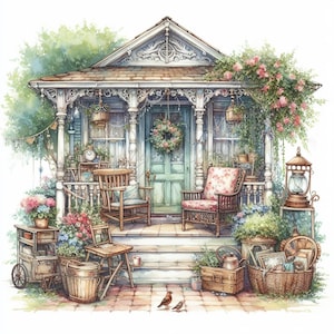Shabby Chic Back Porch Clipart, House Clipart, 12 High Quality JPGs, Printable Watercolor clipart,Digital download,Paper craft,junk journals
