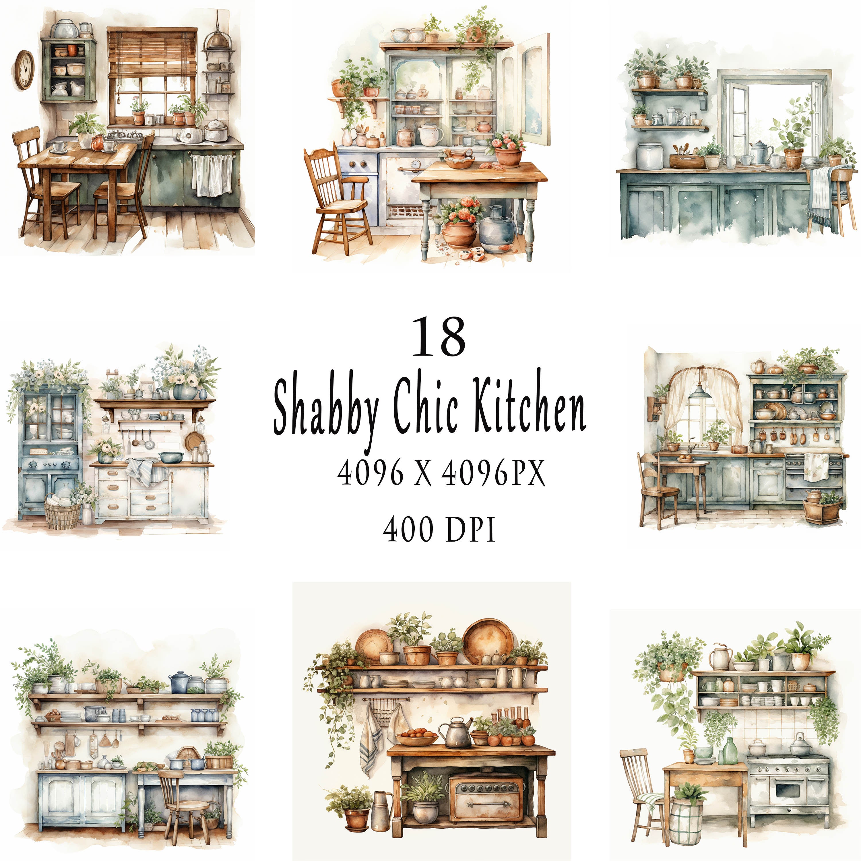 Shabby Chic Kitchen, Vintage Clipart, 18 High Quality Jpgs, Printable ...
