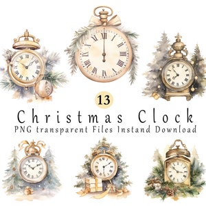 Horloges de Noël Clipart 11 PNG, décoration de Noël, horloge PNG, téléchargement numérique, licence commerciale, fabrication de cartes, créations numériques en papier