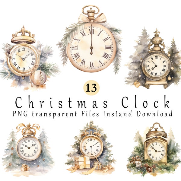 Christmas Clocks Clipart 11 PNGs, Christmas Decoration, Clock PNG, Digital Download, Commercial License, Card Making, Digital Paper Craft