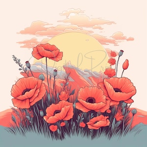 Poppy Flower Clipart Poppy Flower Gift - Watercolor Floral Landscape Poppy Flower Art-8 High Quality JPGs Commercial Use,Digital Download