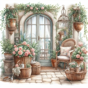 Shabby Chic French Door Clipart, Vintage House, 12 High Quality JPGs,Printable Watercolor clipart,Digital download,Paper craft,junk journals