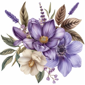 Lilac Flower Bouquet Clipart, Beige Flower, 16 High Quality JPGs, Printable Watercolor clipart,Digital download,Paper craft,junk journals