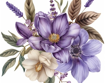 May include: A bouquet of purple and white flowers with green leaves. The bouquet includes lavender, anemones, and magnolia flowers.