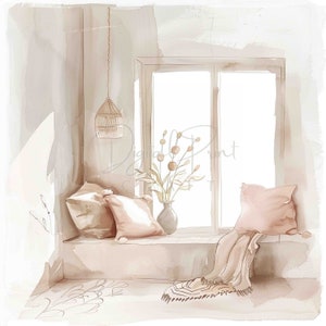 Shabby Chic Window Reading Corner,Room Clipart,13 High Quality JPGs, Printable Watercolor clipart,Digital download,Paper craft,junk journals